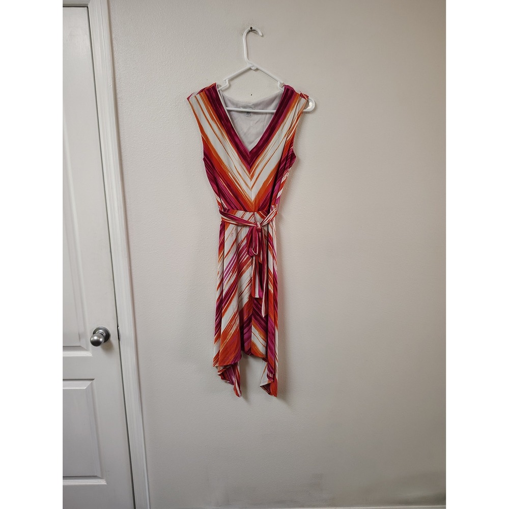 Sandra Darren  Pink Orange Striped Handkerchief Hem Belted V-Neck‎ Dress 10